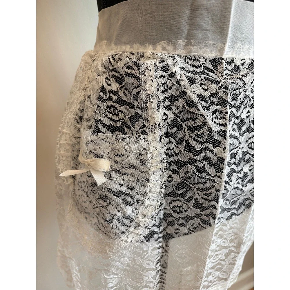 Vintage White Floral Lace Half Apron Sheer Organza Tie Waist Coquette Bow Pocket